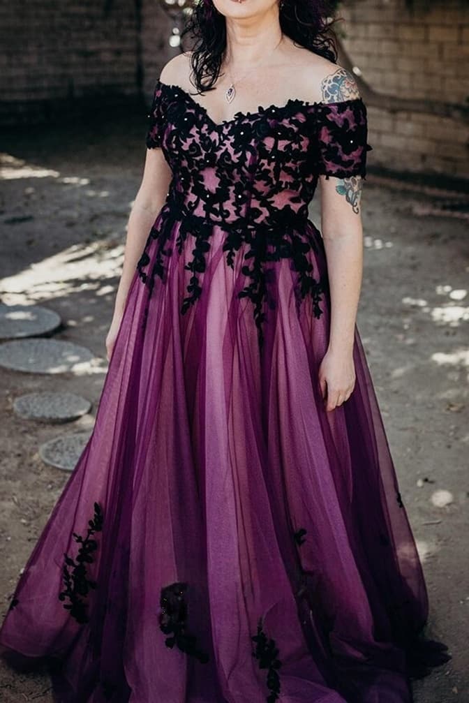 Off Shoulder Wedding Dress A Line Tulle Beaded Gothic Black Bridal