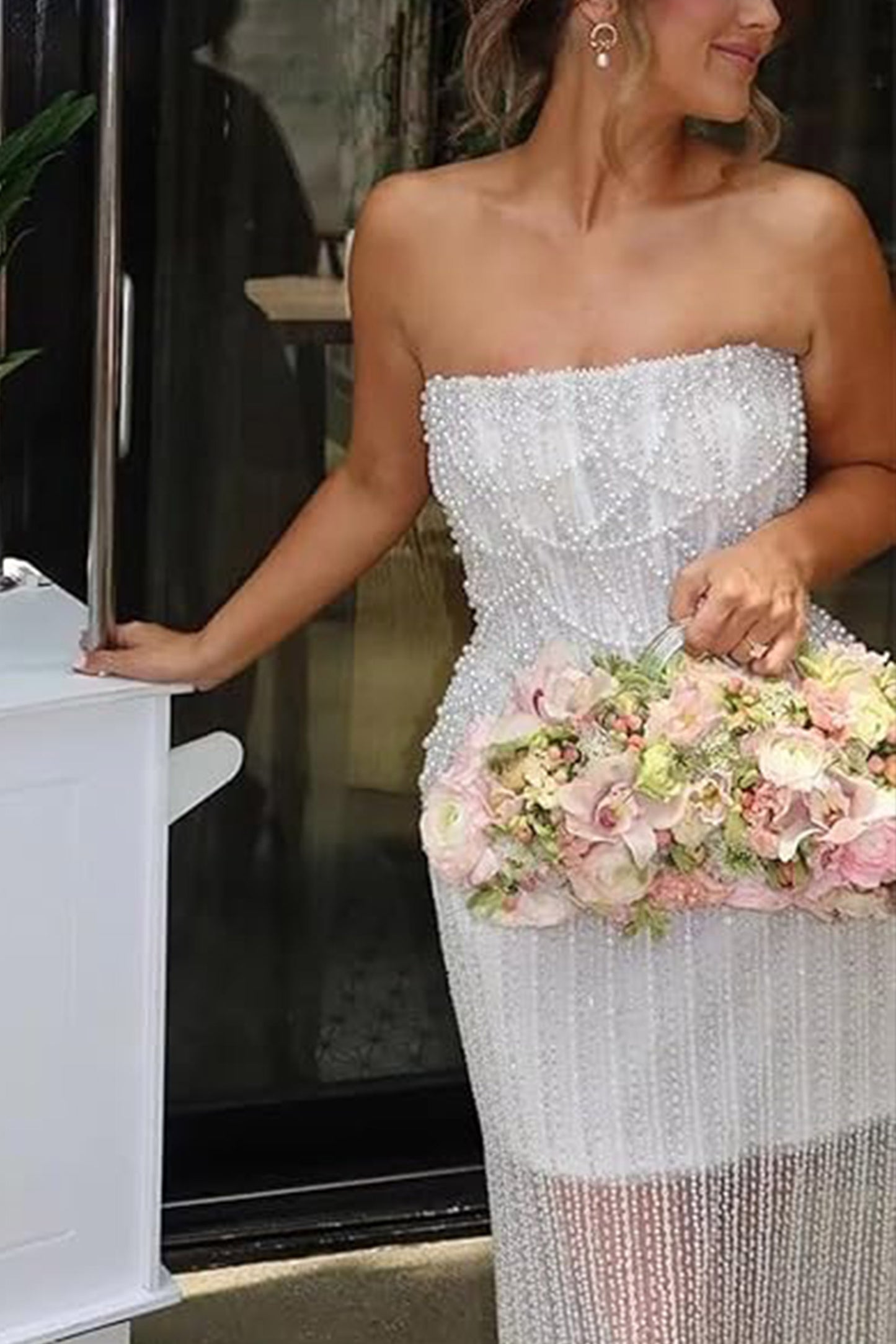 Sheath-Column Strapless Short Pearls Sequin Dress CS1075