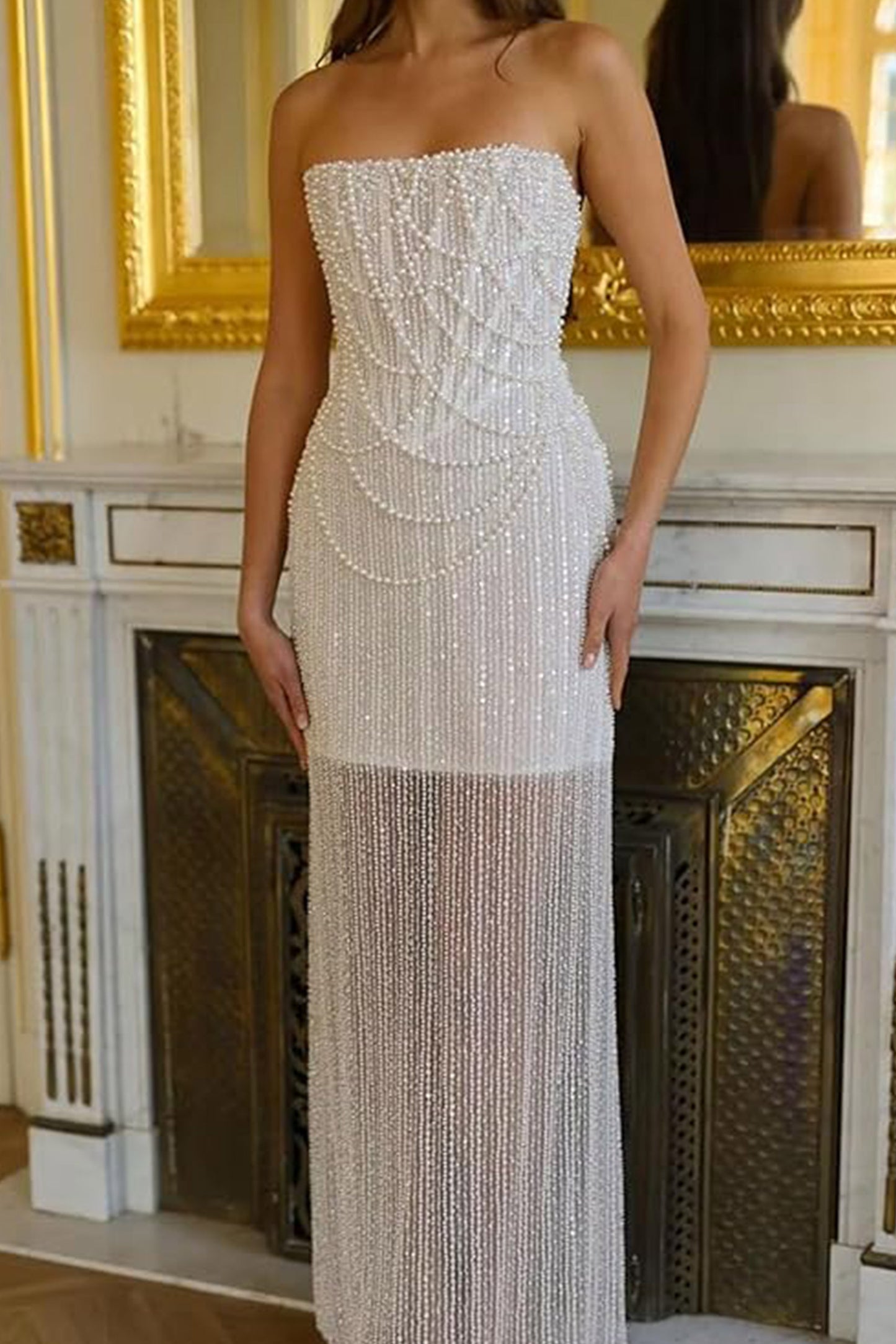 Sheath-Column Strapless Short Pearls Sequin Dress CS1075