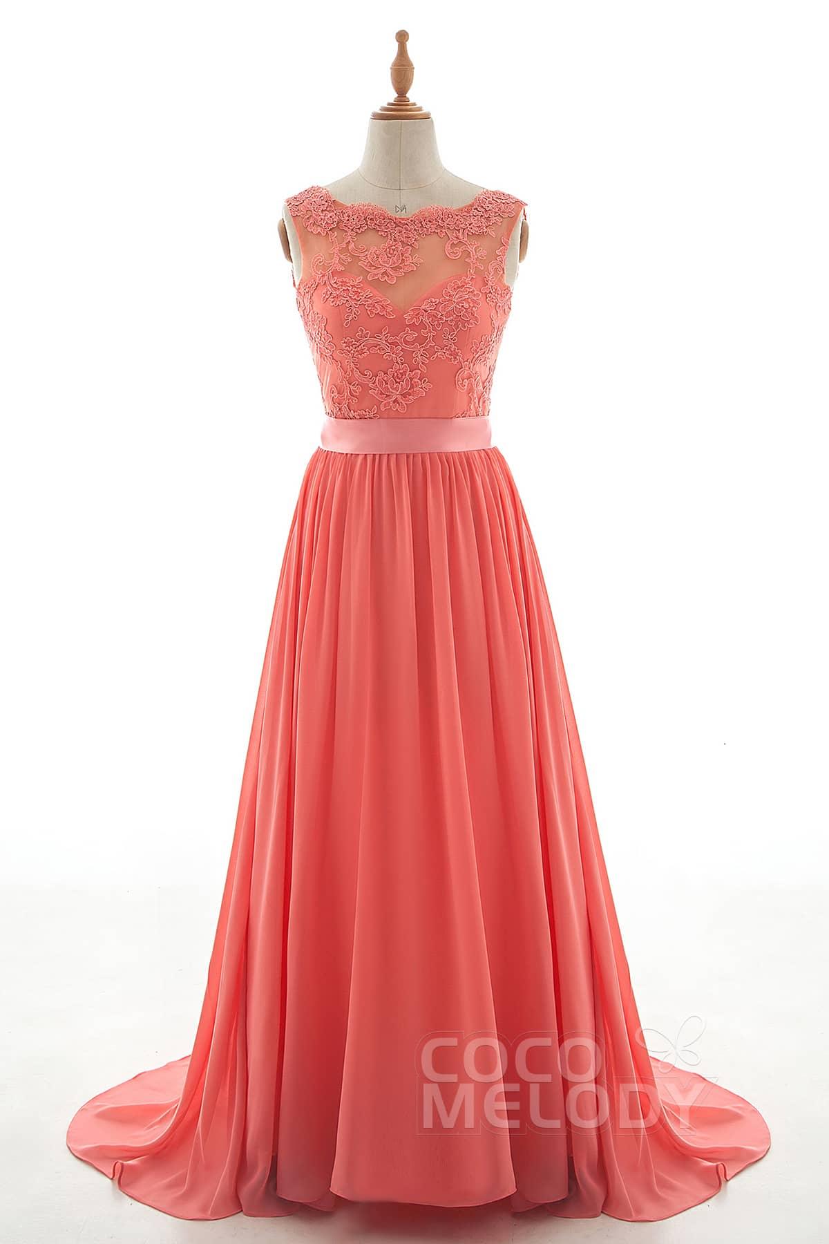A-Line Sweep-Brush Train Tulle Lace Chiffon Dress NB3328 - COCOMELODY