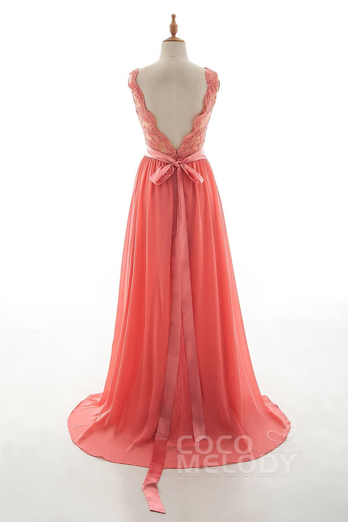 A-Line Sweep-Brush Train Tulle Lace Chiffon Dress NB3328 - COCOMELODY