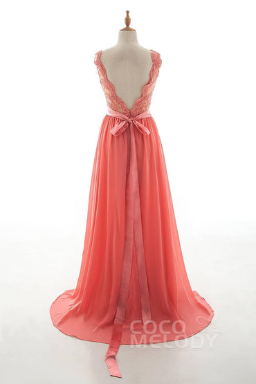 A-Line Sweep-Brush Train Tulle Lace Chiffon Dress NB3328 - COCOMELODY