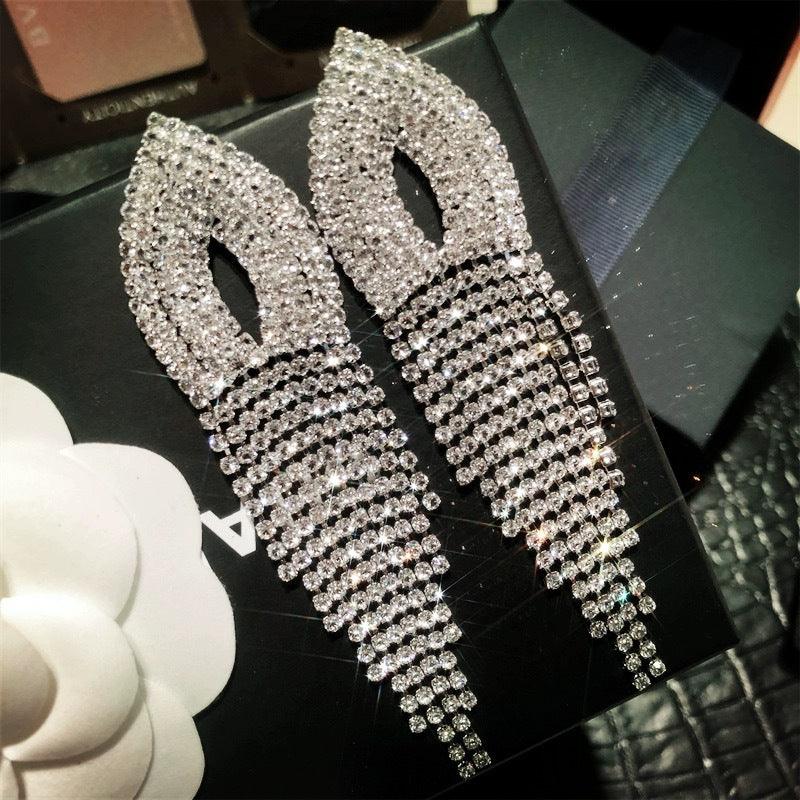 Design sense rhinestone long tassel drop earrings stud ear clips 731781713062 - COCOMELODY