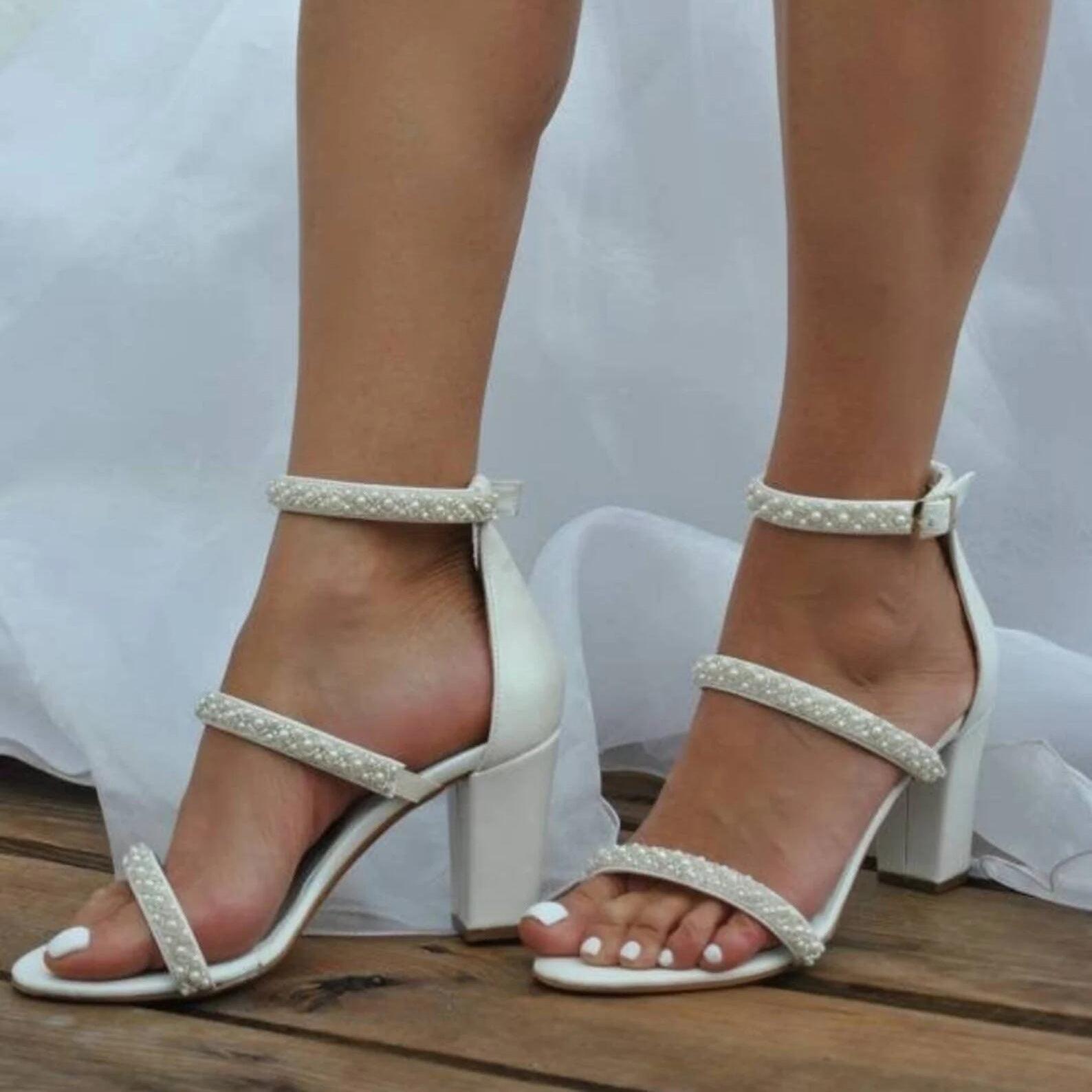 White Pearl Ankle Strap Round Block Heel Sandals 709269474640 - COCOMELODY