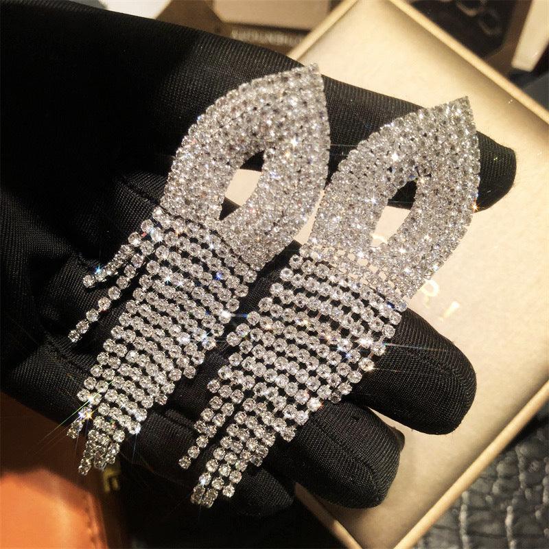 Design sense rhinestone long tassel drop earrings stud ear clips 731781713062 - COCOMELODY
