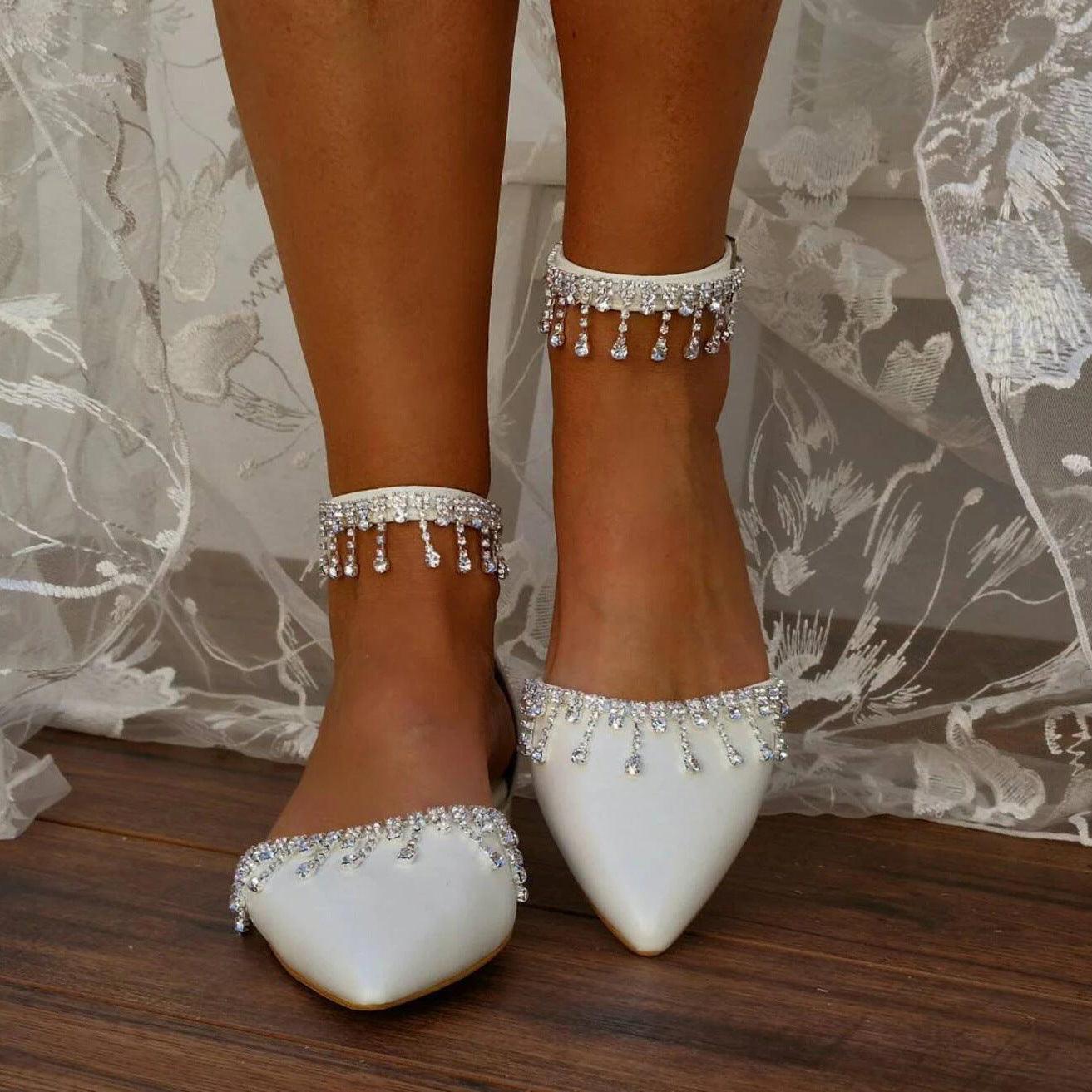 White Crystal Ankle Strap Pointy Flat Shoes 708270132734 - COCOMELODY
