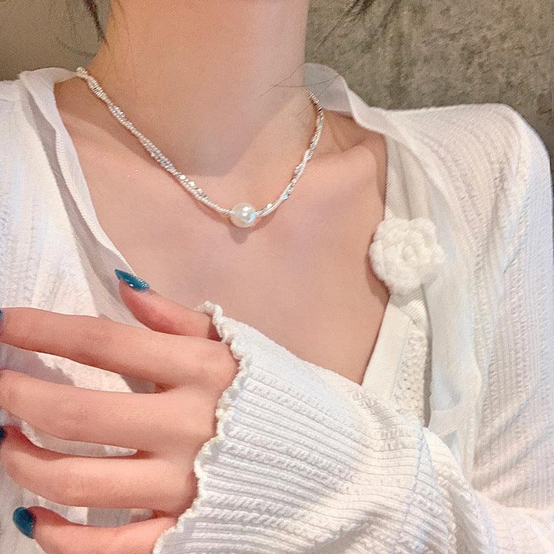 Shredded silver pearl double necklace choker 800772966486 - COCOMELODY