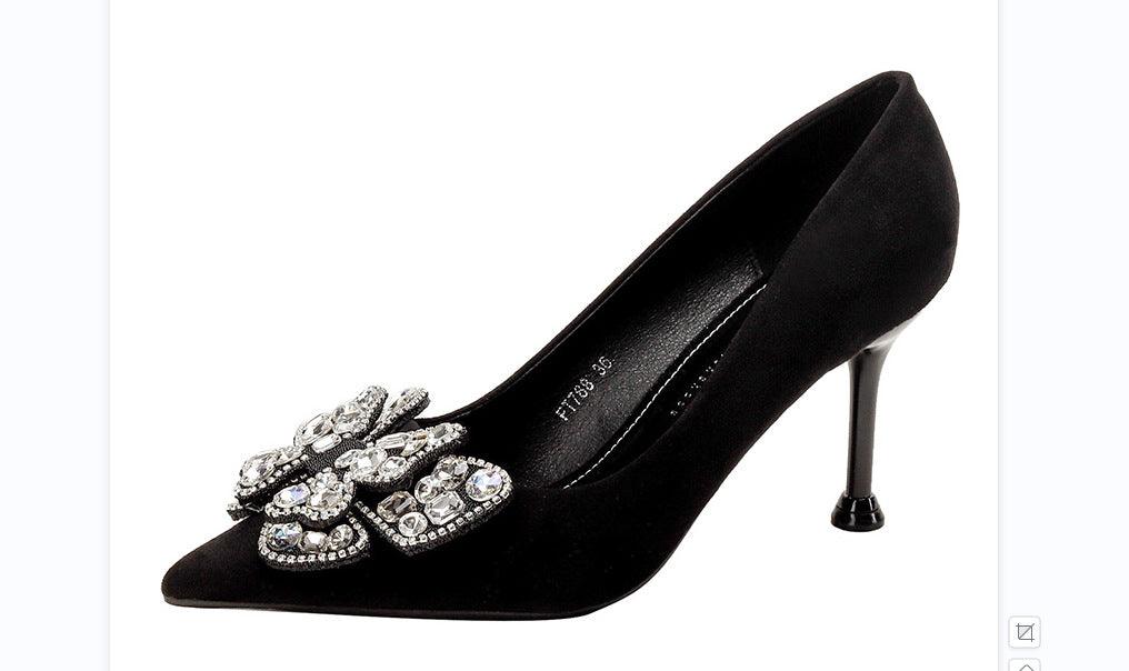 Black Suede Rhinestone Bowknot Pointy Stiletto Heels 770222542136 - COCOMELODY