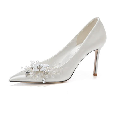 White Satin Crystal Pointy Stiletto Heels 799105157591 - COCOMELODY