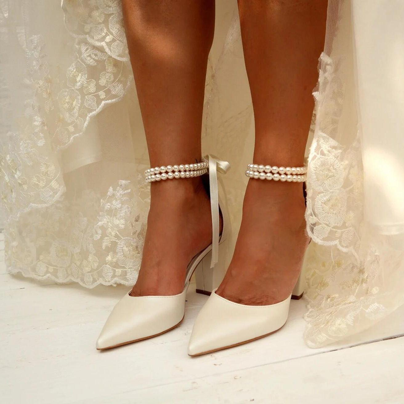Pearl  white Satin Pointy  Block Heels 708400120081