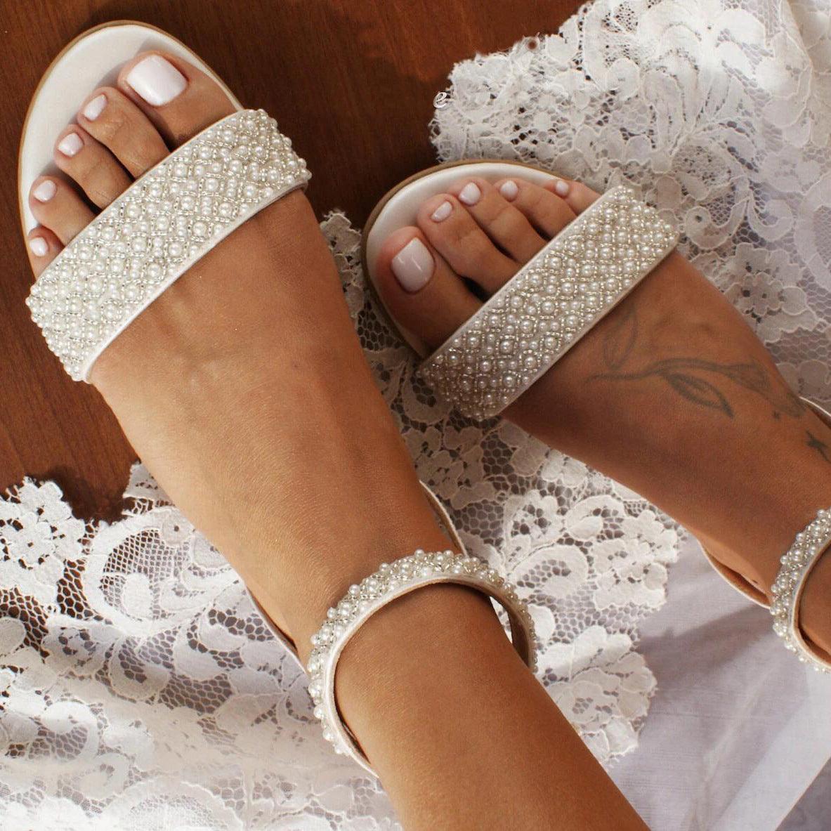 White Pearl Ankle Strap Round Flat Shoes 709075859698 - COCOMELODY
