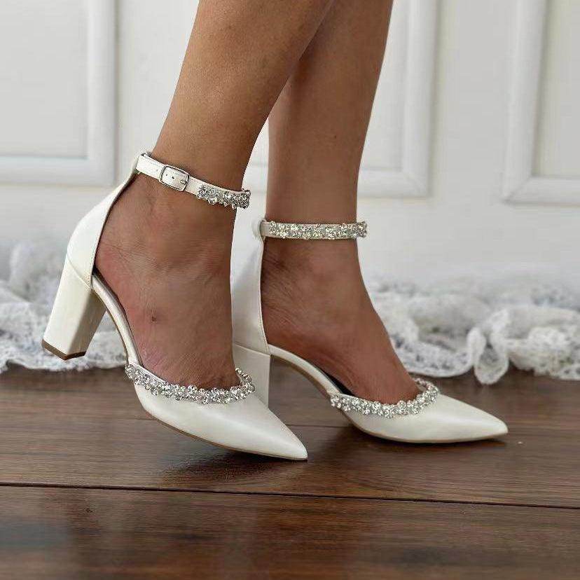 White Rhinestone Ankle Strap Pointy Block Heels COCOMELODY