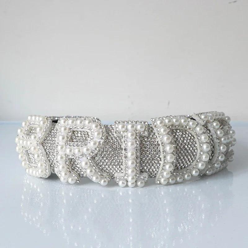 Bride flat silver rhinestone pearl headband 798647845828 - COCOMELODY