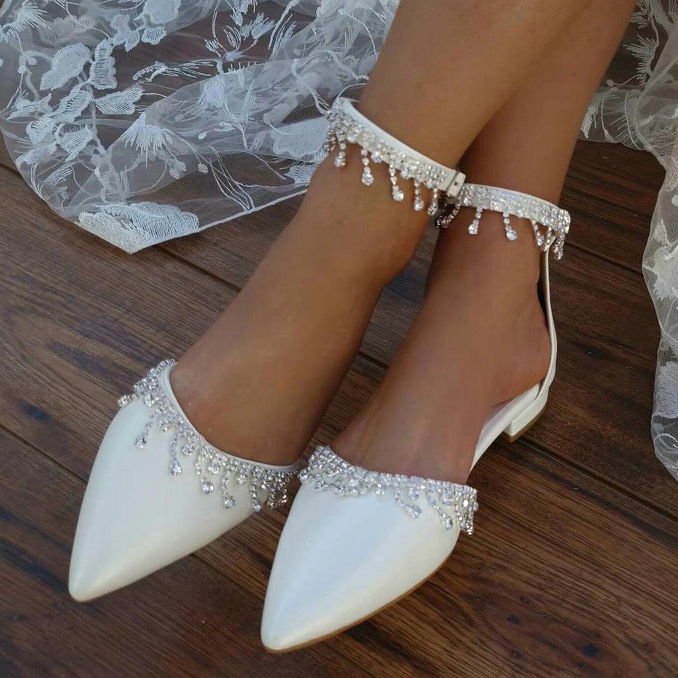 White Crystal Ankle Strap Pointy Flat Shoes 708270132734 - COCOMELODY