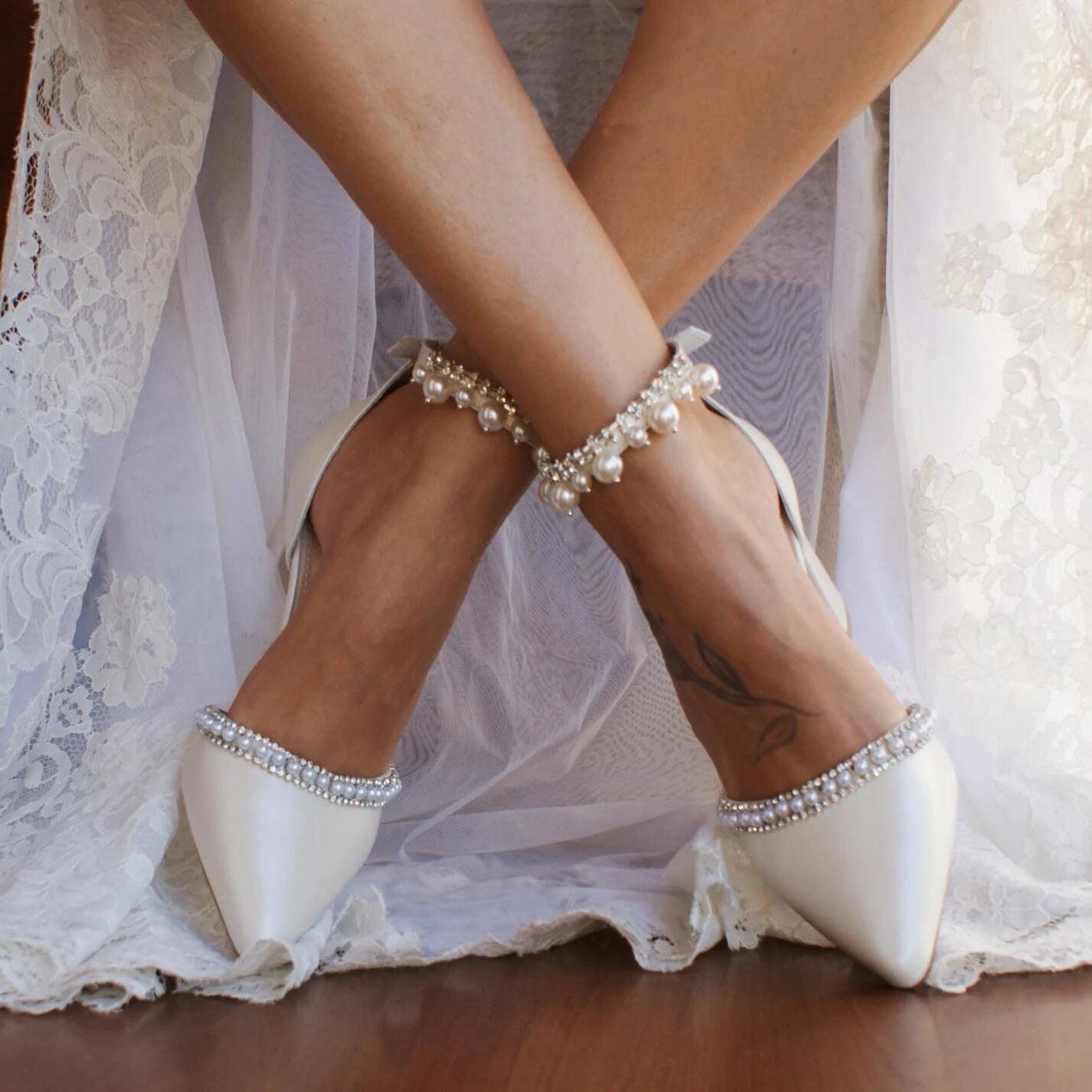White Pearl Ankle Strap Pointy Block Heels 709119829327 - COCOMELODY