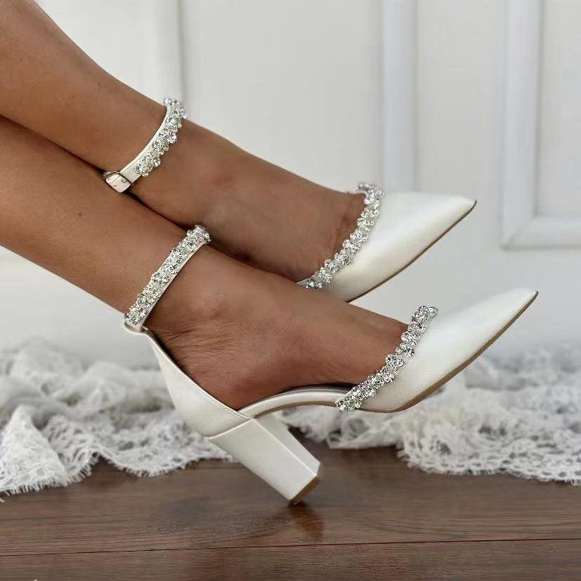 White Rhinestone Ankle Strap Pointy Block Heels 731350490264 - COCOMELODY