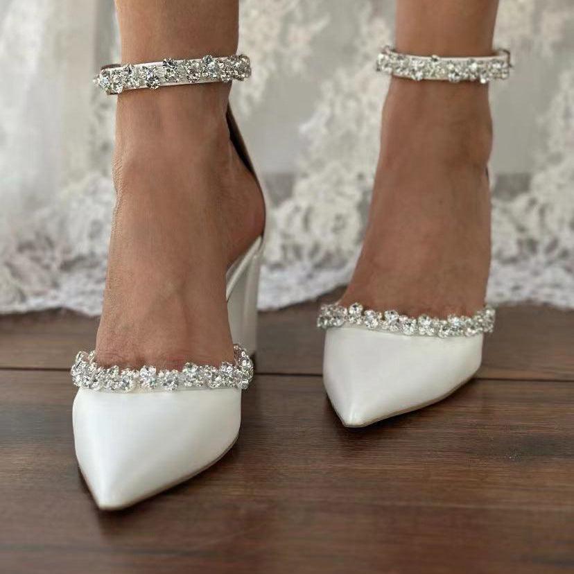 White Rhinestone Ankle Strap Pointy Block Heels 731350490264 - COCOMELODY