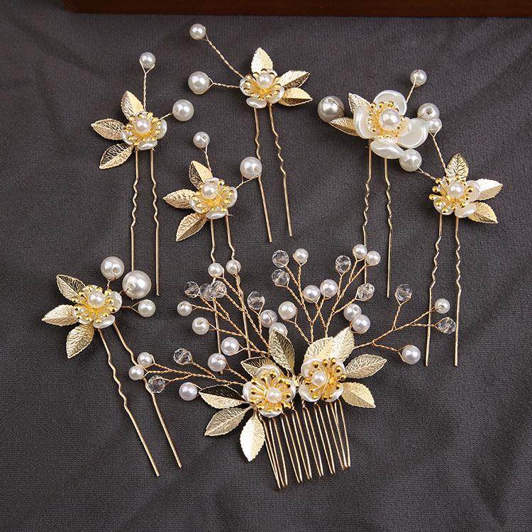 Handcrafted pearl set with Gold leaf hair comb 725487239358 - COCOMELODY