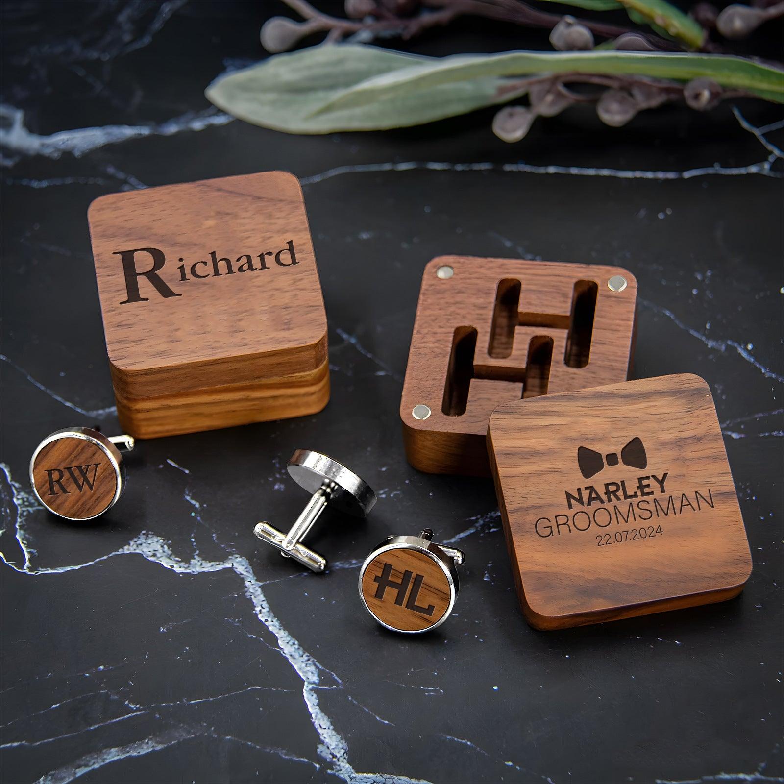 Personalized carved cufflink collar clip wooden box 807769212960 - COCOMELODY