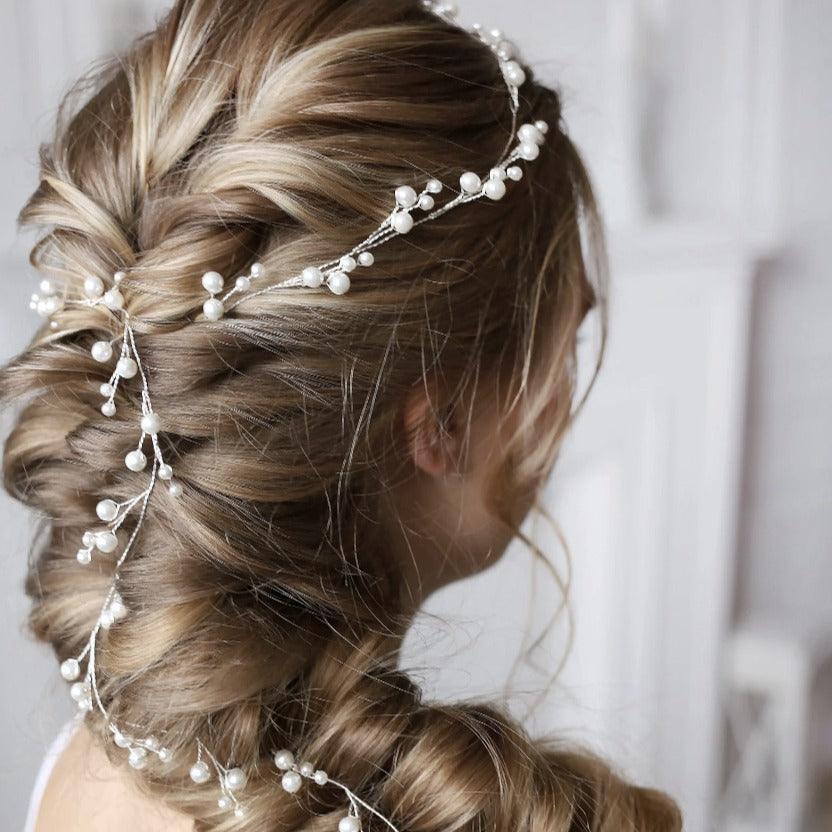 Bride wedding headwear 1 meter long pearl copper hair chain handmade hair accessories 782453848826