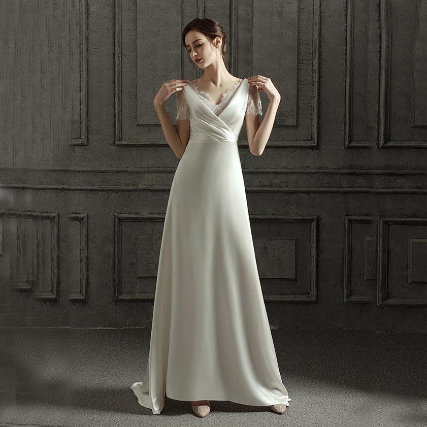 A-Line Sweep-Brush Train Satin Wedding Dress 687832654102 - COCOMELODY