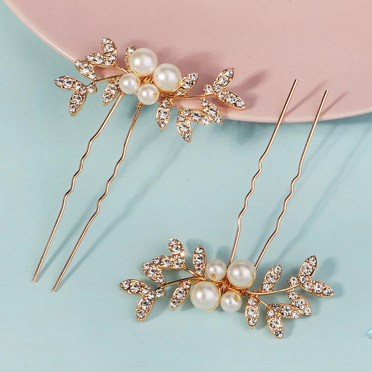 Rhinestone pearl leaf hairpin Bride headdress U-pin hairpin 773672582229