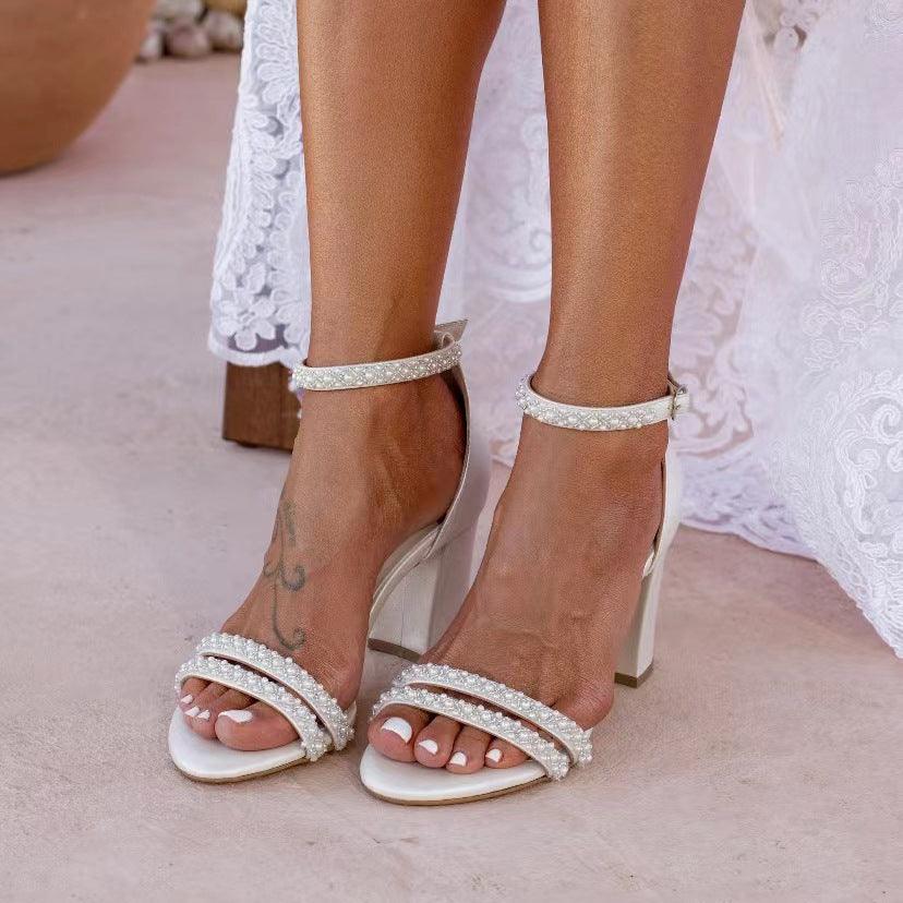Pearl Faux Leather Ankle Strap  Block  Heels 728525145929