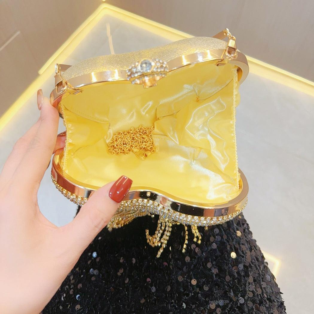 Tasseled rhinestone bag Party diamond hand bag A socialite hand skew straddle dinner bag 760609227630 - COCOMELODY