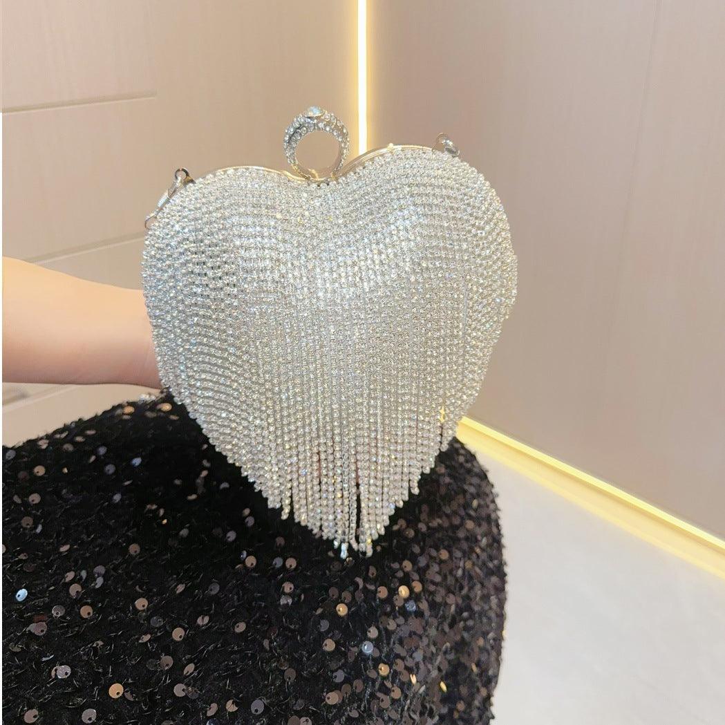 Tasseled rhinestone bag Party diamond hand bag A socialite hand skew straddle dinner bag 760609227630 - COCOMELODY