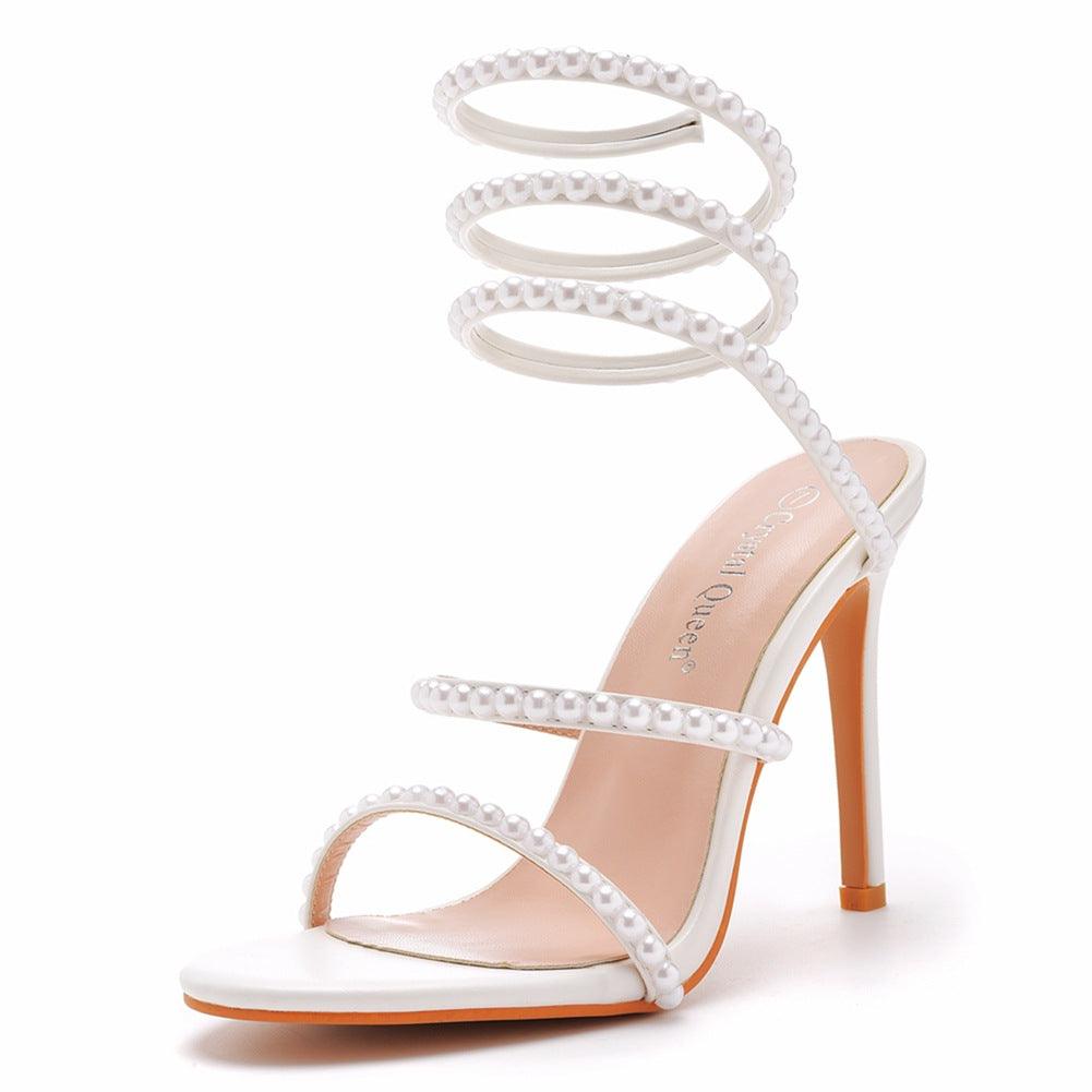 White Pearl Ankle Strap Pointy Stiletto heel Sandals 712542089589 - COCOMELODY