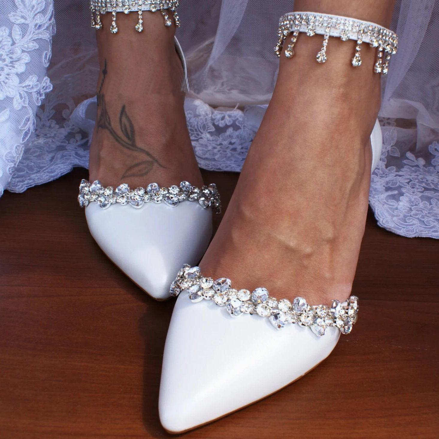 White Rhinestone Ankle Strap Pointy Block Heels 709534419682 - COCOMELODY