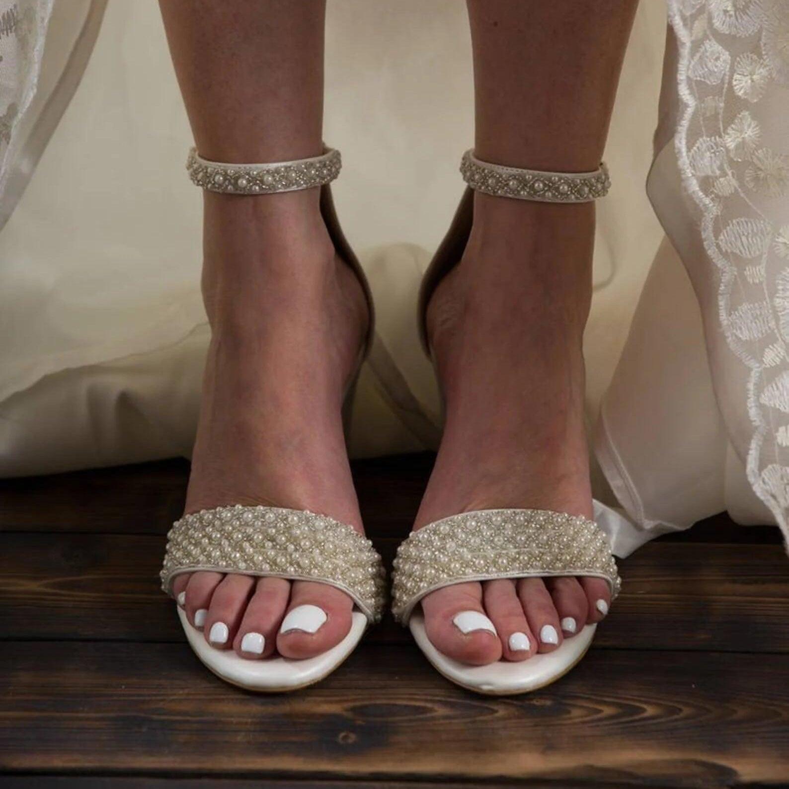 White Pearl Ankle Strap Round Block Heel Sandals 708036540906 - COCOMELODY