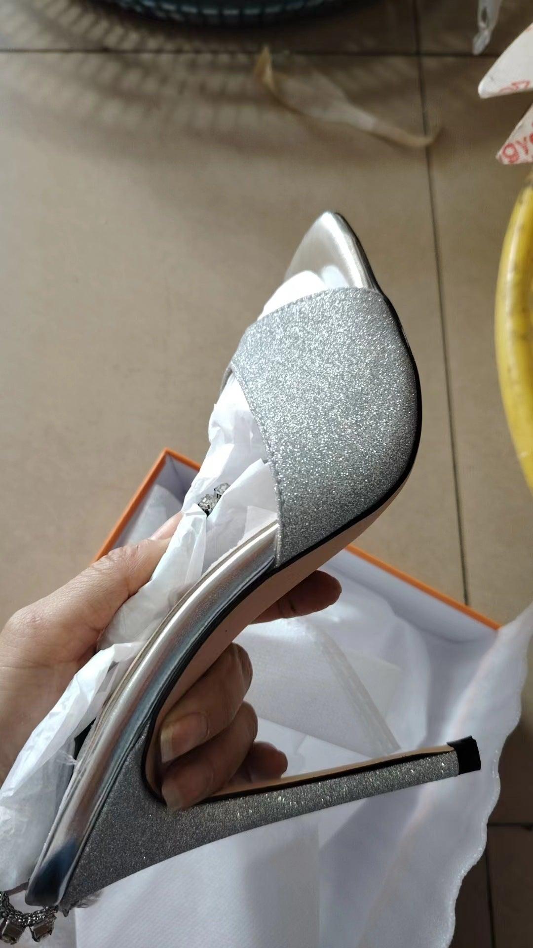 Glitter and Rhinestone Ankle Strap Square Stiletto Heels 695399992506