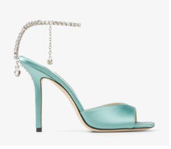 Glitter and Rhinestone Ankle Strap Square Stiletto Heels 695399992506