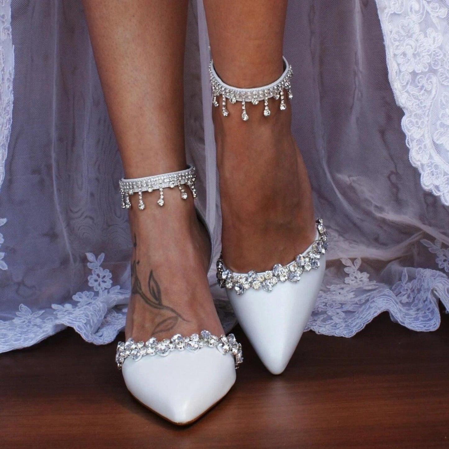White Rhinestone Ankle Strap Pointy Block Heels 709534419682 - COCOMELODY