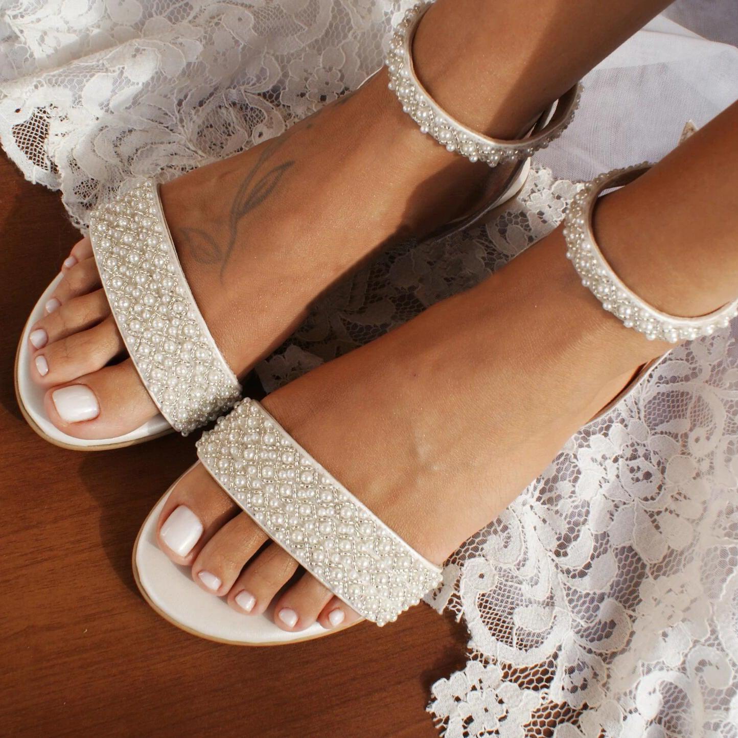 White Pearl Ankle Strap Round Flat Shoes 709075859698 - COCOMELODY