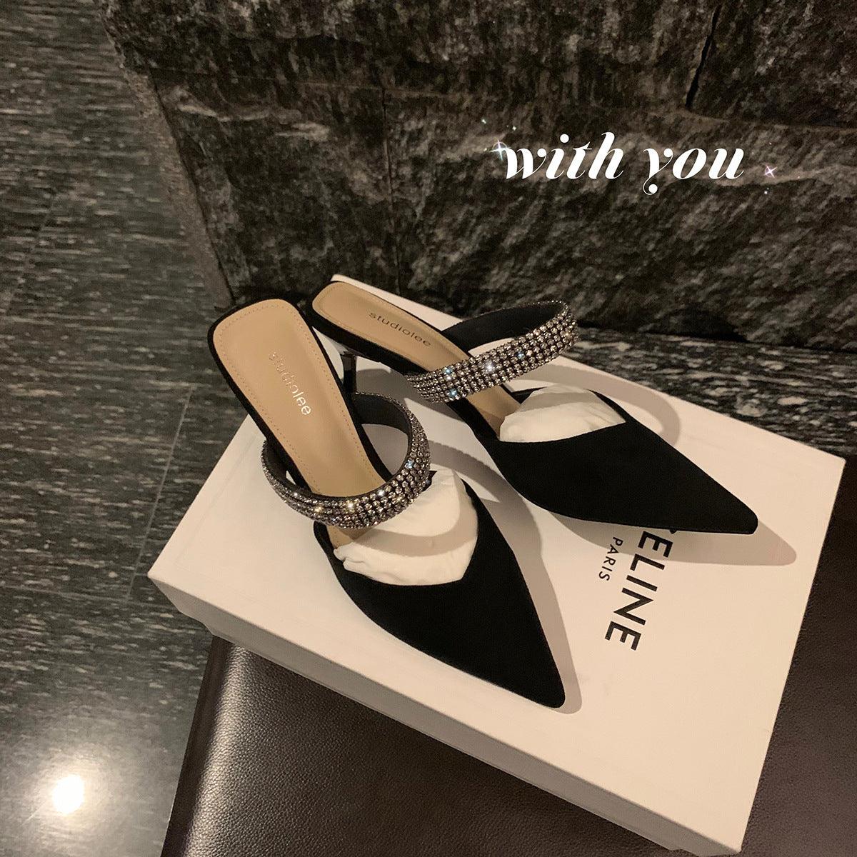 Black  Rhinestone Pointy Stiletto heel Sandals 671551594825