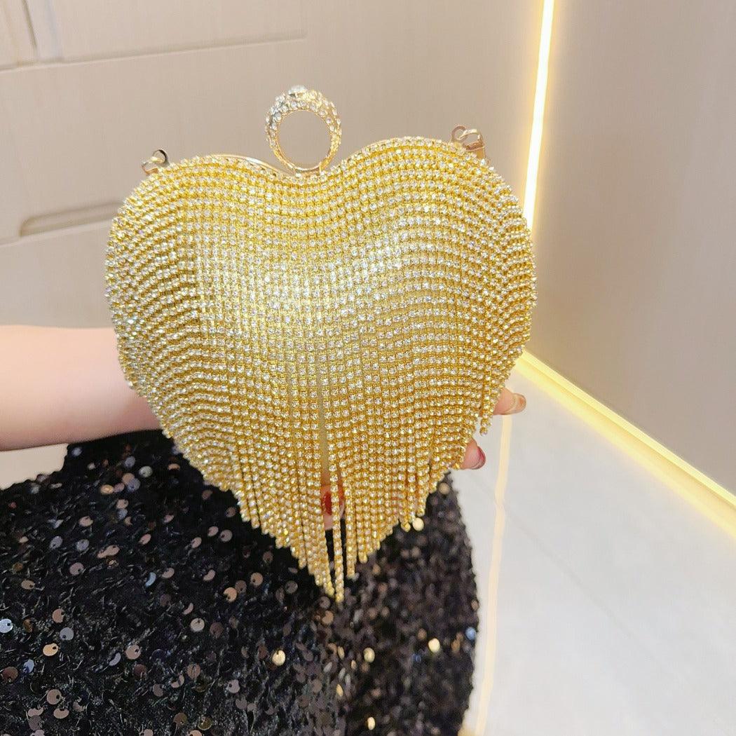 Tasseled rhinestone bag Party diamond hand bag A socialite hand skew straddle dinner bag 760609227630 - COCOMELODY