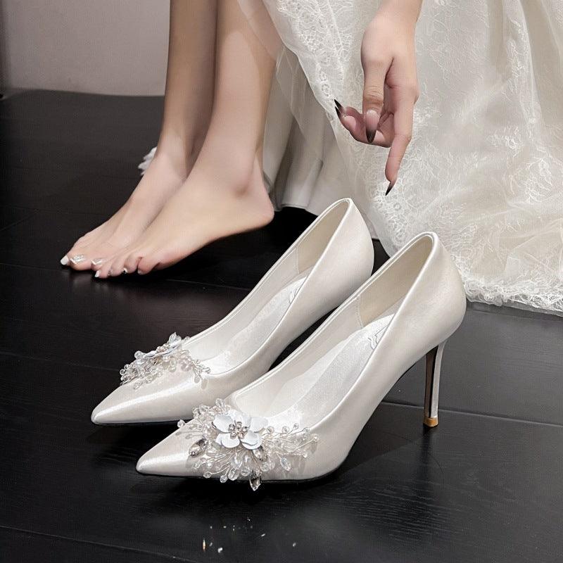 White Satin Crystal Pointy Stiletto Heels 799105157591 - COCOMELODY