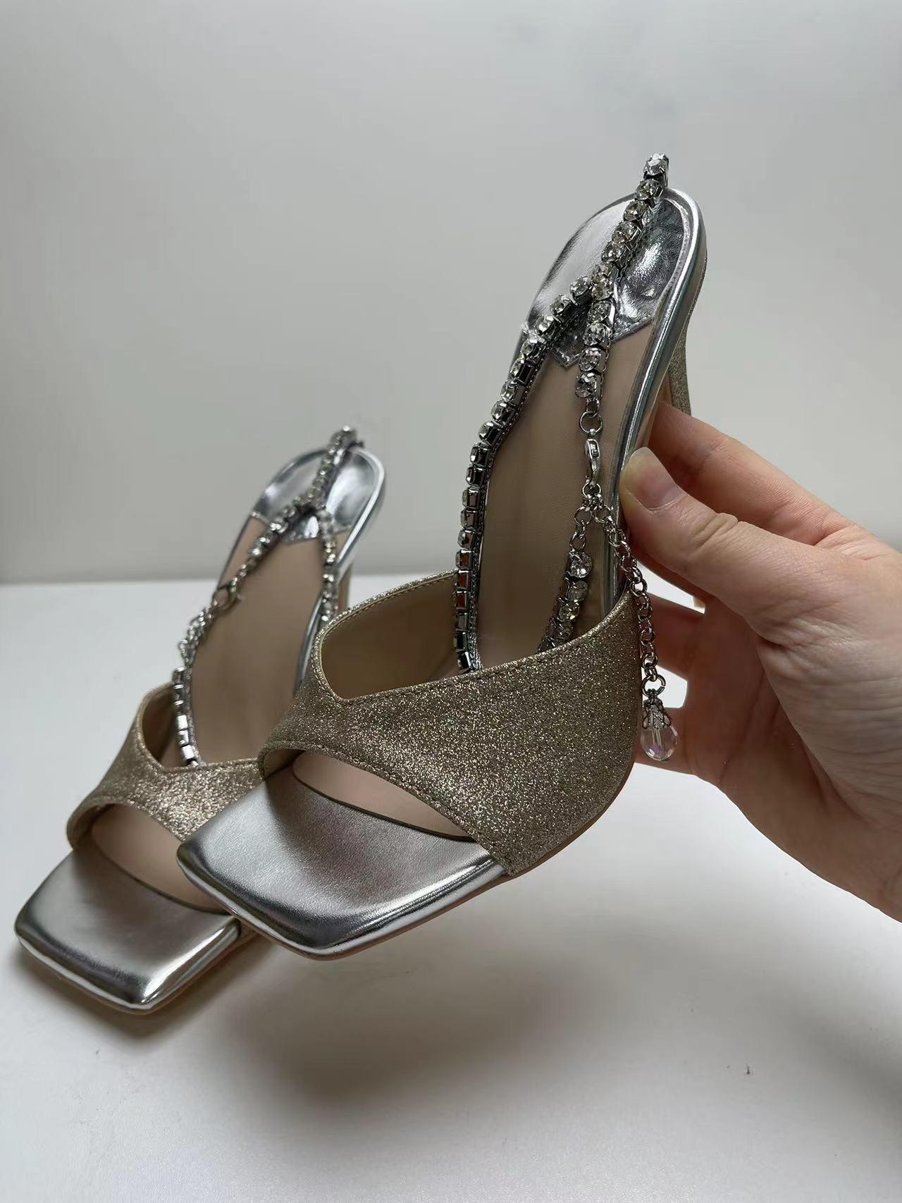 Glitter and Rhinestone Ankle Strap Square Stiletto Heels 695399992506 - COCOMELODY