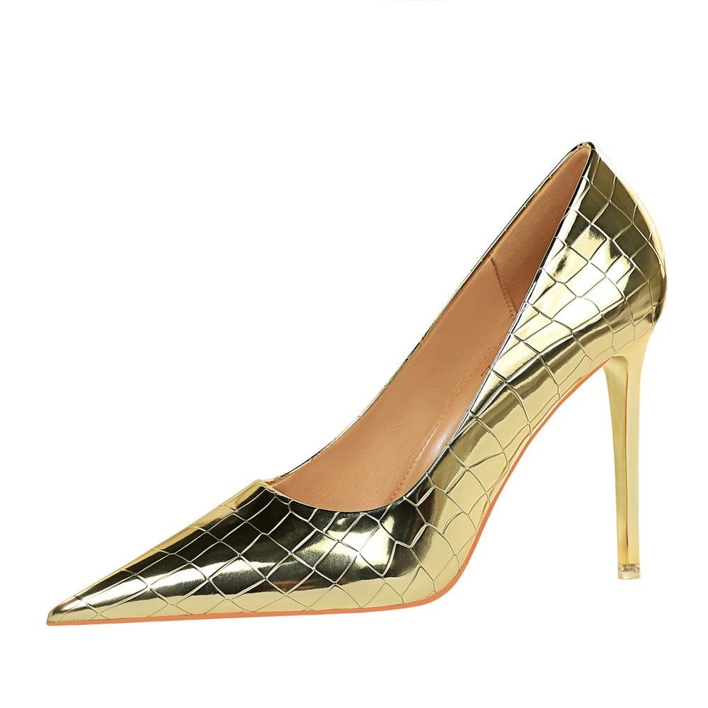 Gold Faux Leather Pointy Stiletto Heels 666858462308 - COCOMELODY