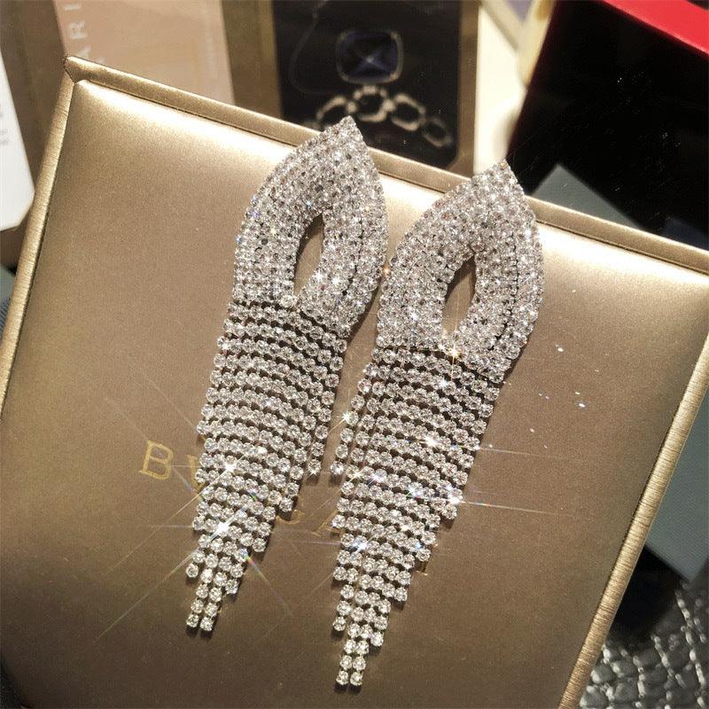 Design sense rhinestone long tassel drop earrings stud ear clips 731781713062 - COCOMELODY