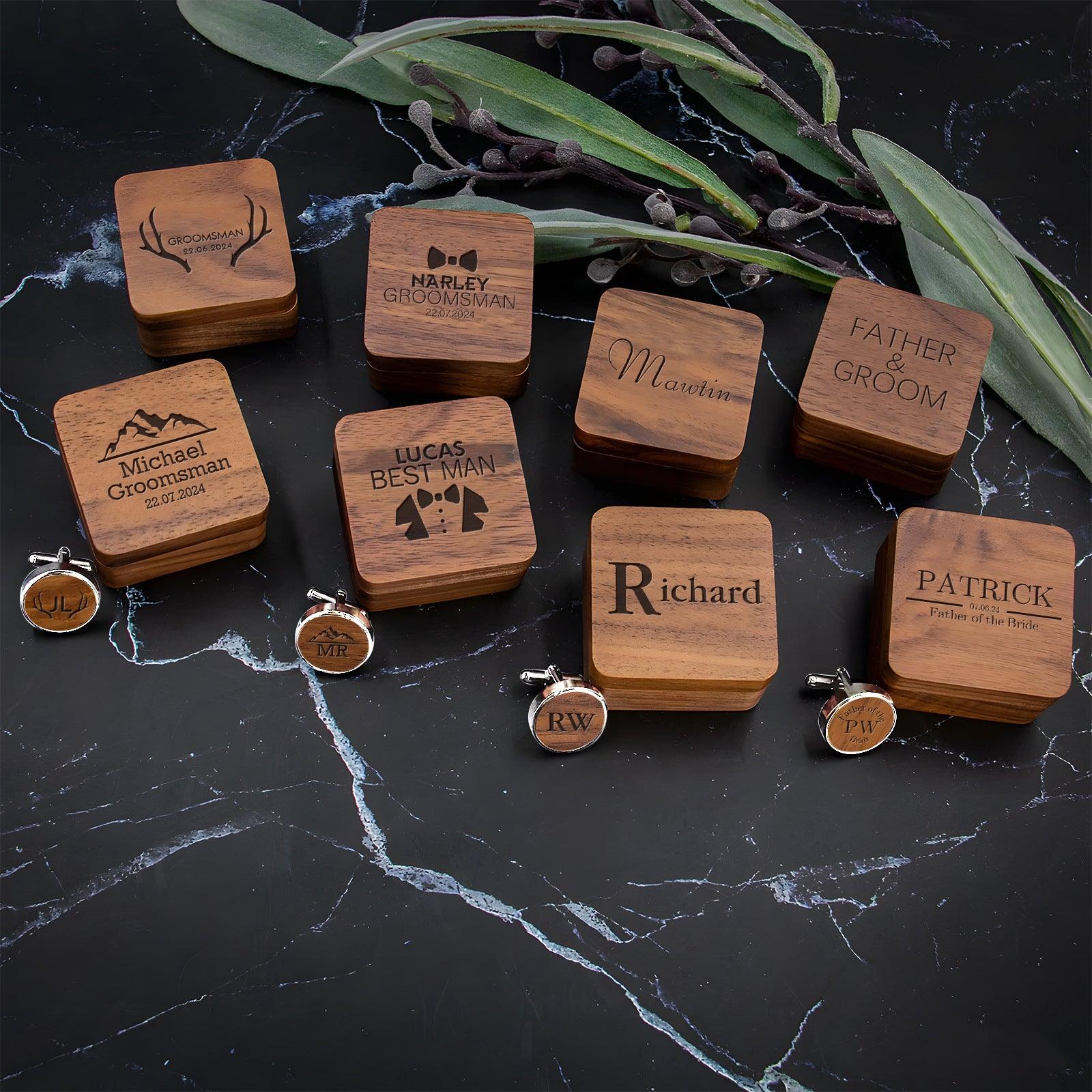 Personalized carved cufflink collar clip wooden box 807769212960 - COCOMELODY