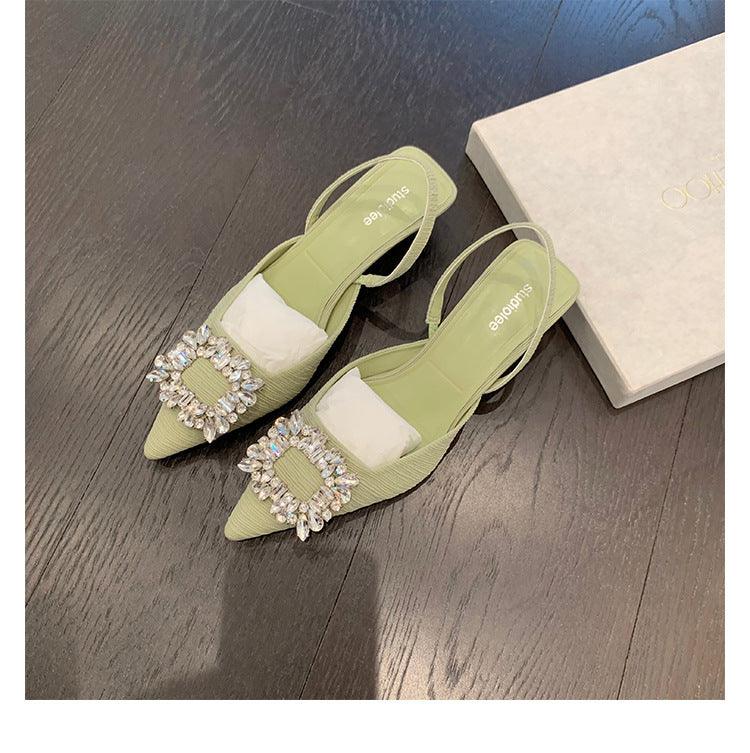 Black Rhinestone Ankle Strap Pointy Mid Heel Sandals 670997112279 - COCOMELODY