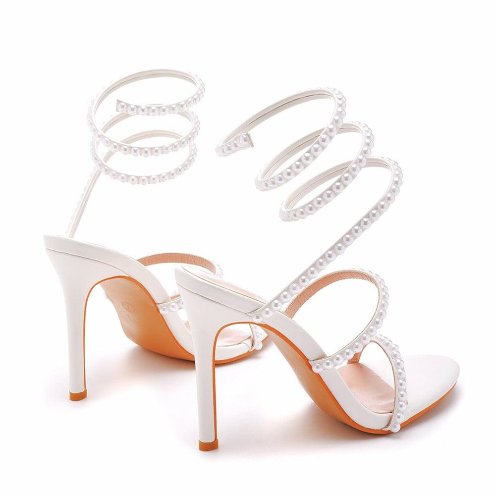 White Pearl Ankle Strap Pointy Stiletto heel Sandals 712542089589 - COCOMELODY