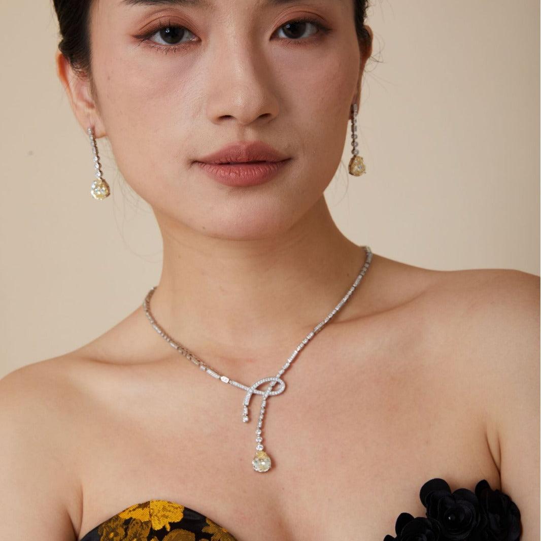 Water drop yellow treasure gold-plated ribbon knot necklace 795816733199 - COCOMELODY