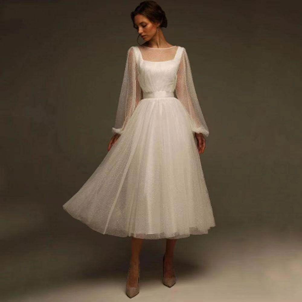A-Line Tea Length Tulle Wedding Dress 857895271881 - COCOMELODY