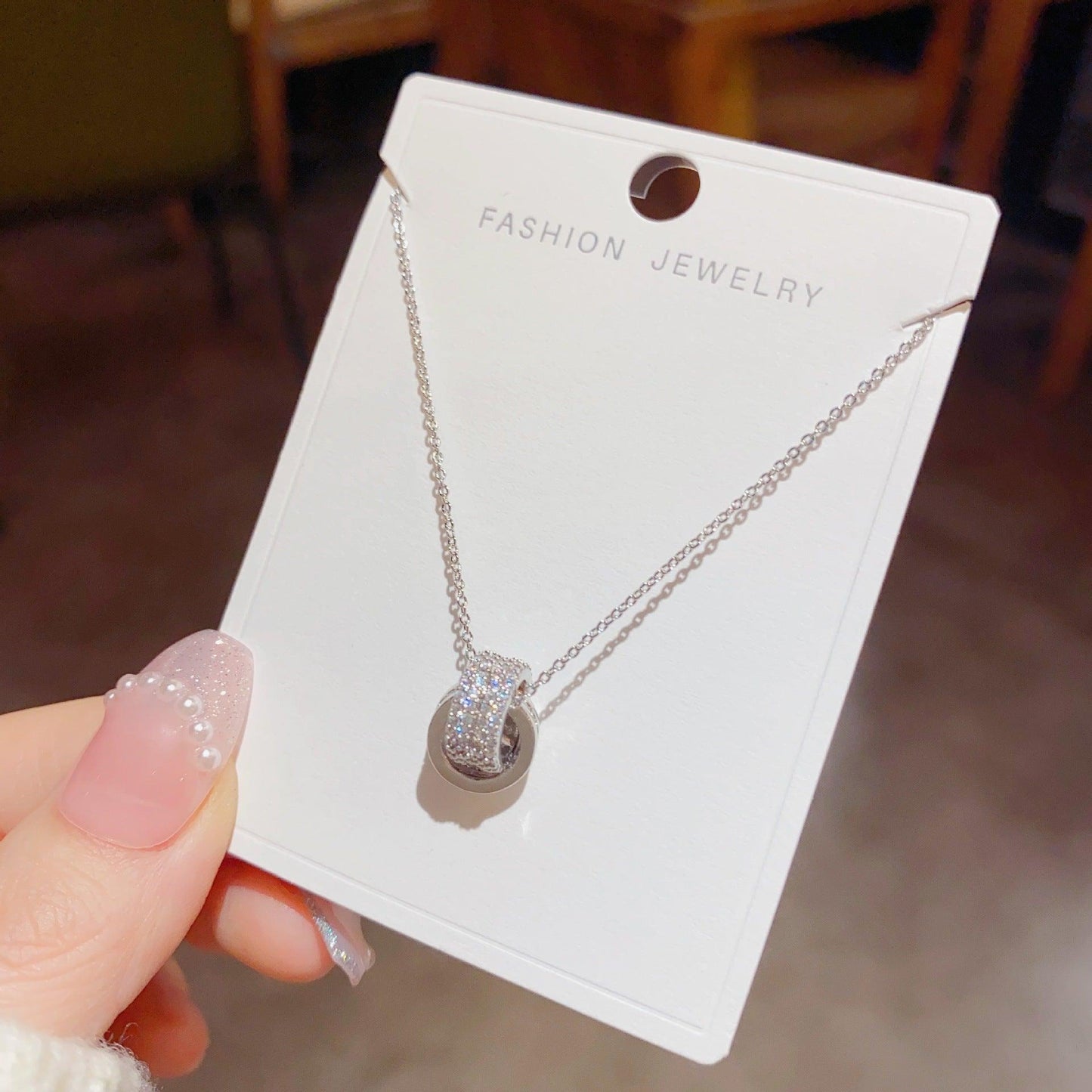 Micro-encrusted zircon intersecting ring necklace double ring buckle 701287105016 - COCOMELODY