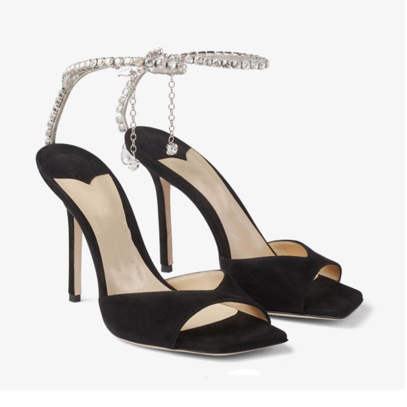 Glitter and Rhinestone Ankle Strap Square Stiletto Heels 695399992506