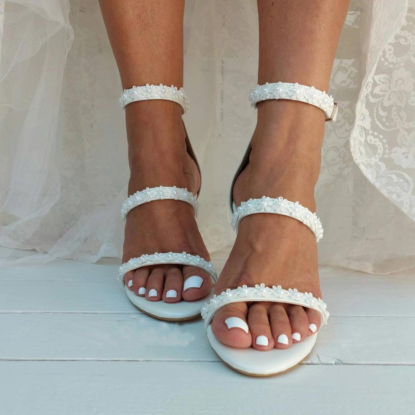 White Lace Ankle Strap Block Heel Sandals 708995413390 - COCOMELODY